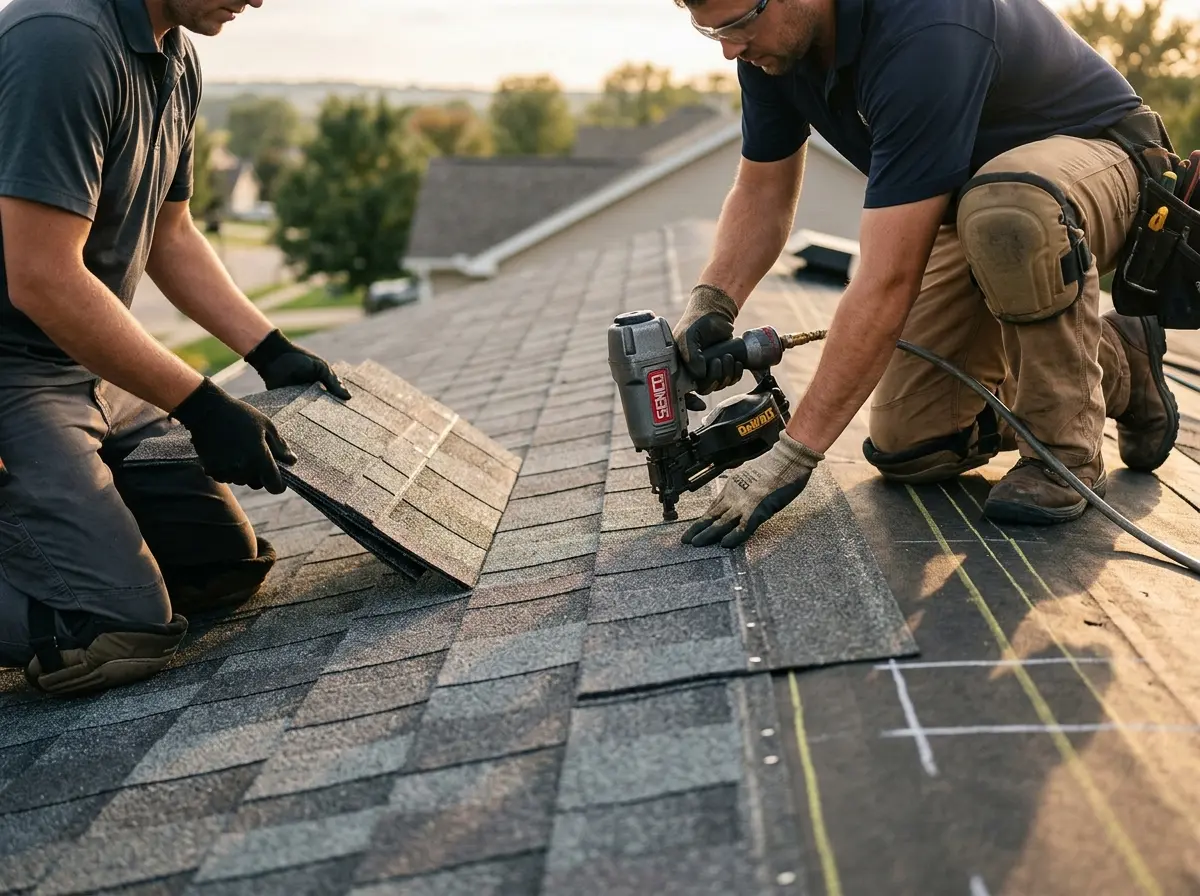 Professional roofer working on a residential roof in Camano